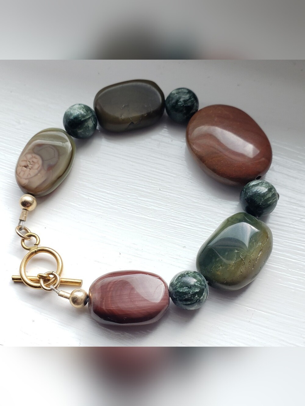All Natural Gemstone Bracelet In Rich Fall Tones With Goldtone Toggle Clasp.